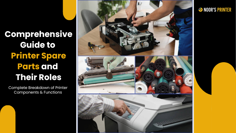Printer spare parts and their roles including toner, drum, print head, rollers, fuser, and control board.